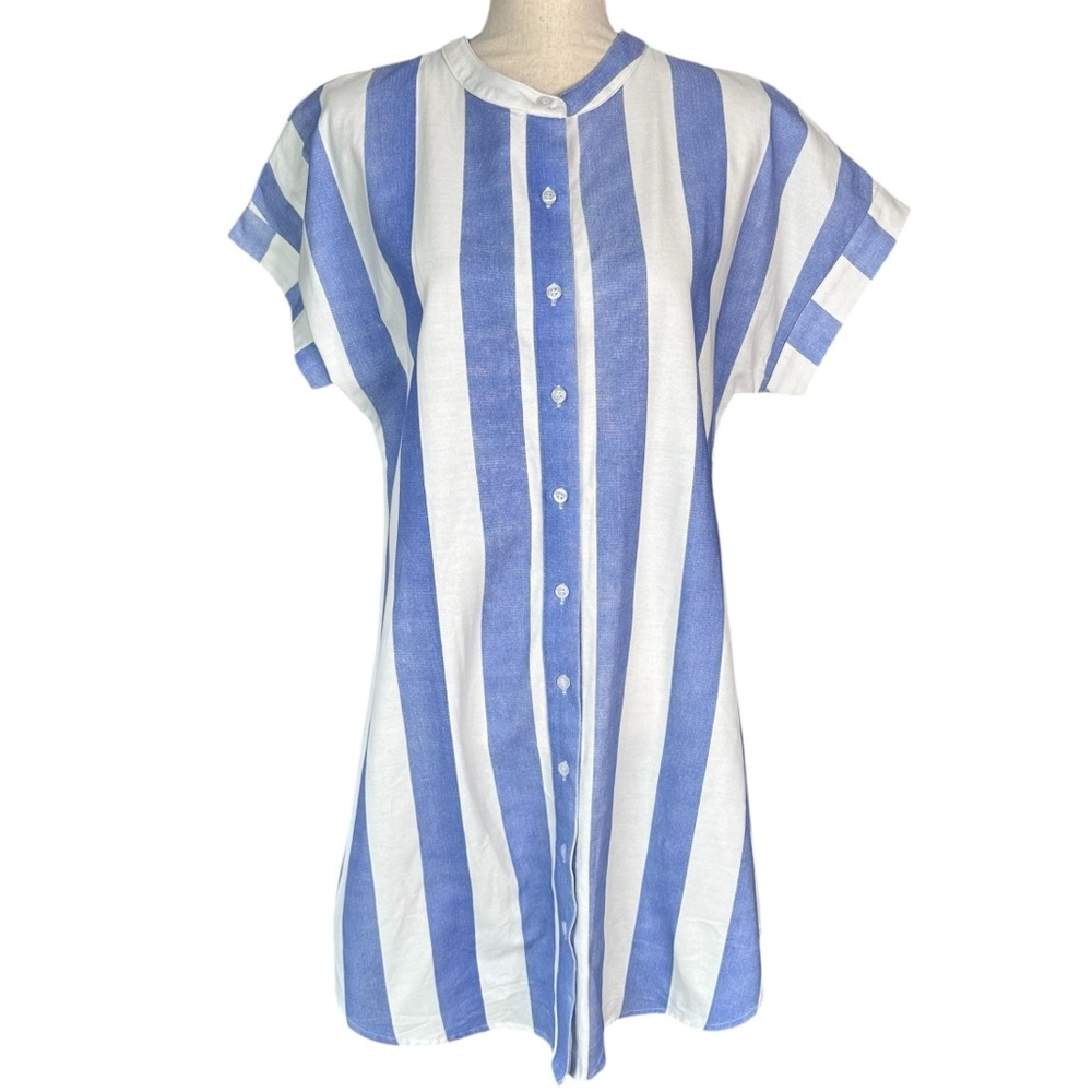 MAZIK Cotton & Linen Blend Striped Shirt Dress Blue & White CLOSEOUT